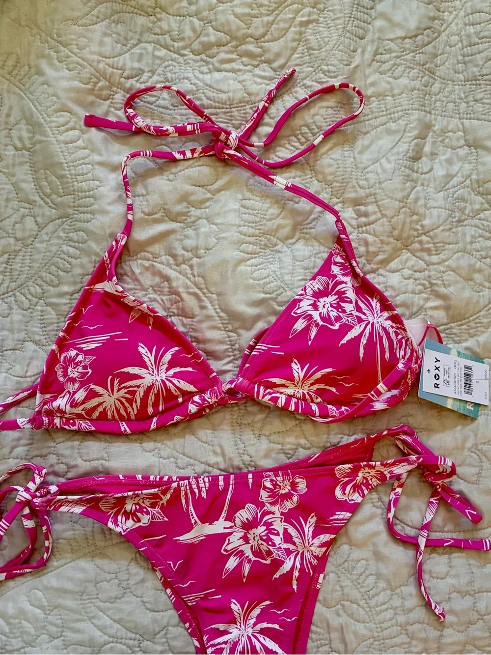 Roxy Swim High Cheeky Pink And White Floral Bikini (Small) NWT